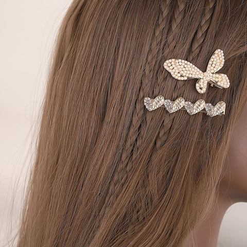 Korean Fashion Hair Clips Alloy Imitation Artificial Pearl Rhinestone Heart Butterfly Geometric Side Duckbill Barrette For Women Girls Elegant Trendy Accessory
