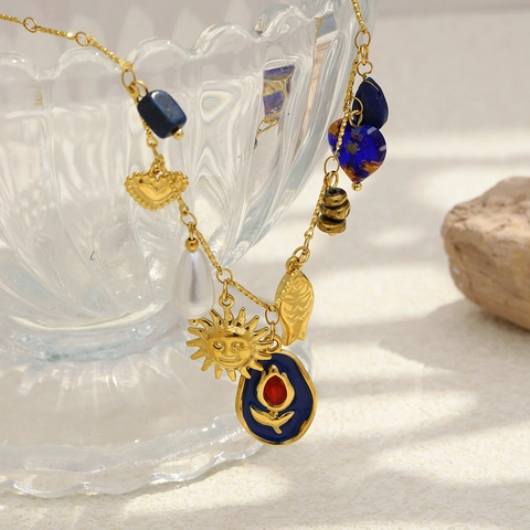 Collar Colgante Chapado En Oro De 18K Acero Inoxidable Multi Amuleto Sol Corazón Piedra Azul Perla Artificial Esmalte Boho Joyería Vintage Para Mujeres