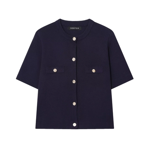 Completo in Maglia da Donna Primaverile Cardigan a Maniche Corte Girocollo e Minigonna a Trapezio Con Bottoni in Metallo Stile Elegante