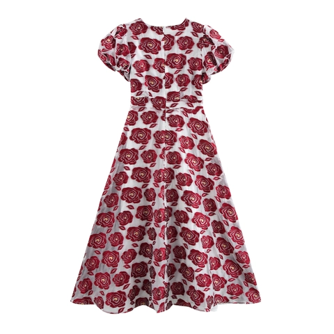 Robe Longue Élégante Femmes Col En V Manches Bouffantes Mesh Jacquard Blanc Imprimé Floral Rose Rouge Taille Haute