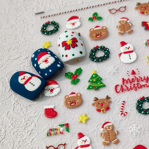 5D Embossed Christmas Nail Stickers Santa Snowman Reindeer 3D Relief Self-Adhesive Cute Cartoon Festive Nail Art Decals