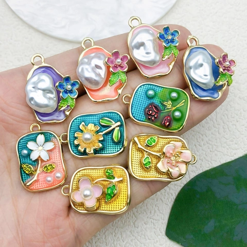 Franse Retro Bloem Hangers Zinklegering Emaille Druppelolie Charms Met Barokke Kunstparel Voor DIY Sieraden Maken Accessoires