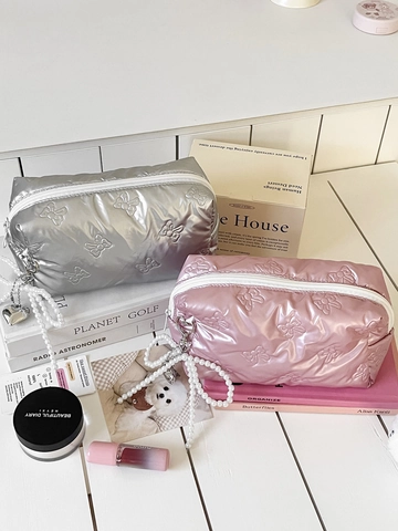 Gesteppte Kosmetiktasche PU Leder Schleife Muster Make-Up Beutel Mit Künstliche Perlenanhänger Tragbare Reise Kulturbeutel Für Damen