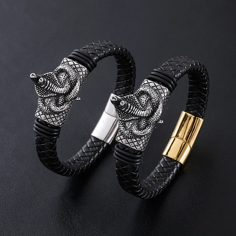 Pulsera De Cuero Trenzado Para Hombre Acero Inoxidable 304 Cabeza De Cobra Estilo Punk Cierre Magnético Joyería Vintage