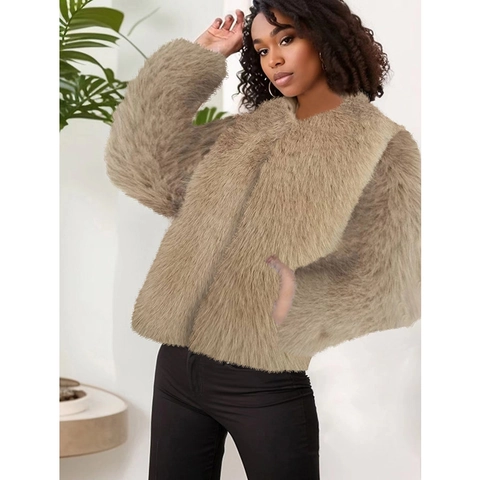 Women Faux Fur Coat Short Plush Jacket Round Neck Long Sleeve Chic Warm Winter Streetwear Elegant Solid Color Outerwear