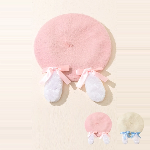 Sweet Knit Beret Hat With Plush Rabbit Ears And Satin Bow Kawaii Japanese Style Warm Winter Cap For Women Girls