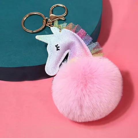 Llavero De Unicornio Con Pompón De Piel Sintética Y Melena De Encaje Arcoíris Cabeza De Cuero Sintético Con Purpurina