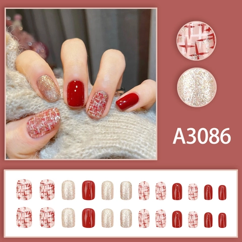 Press On Nails Short Square Tweed Plaid Retro Red Champagne Gold Glitter French Style Autumn Winter Elegant For Women