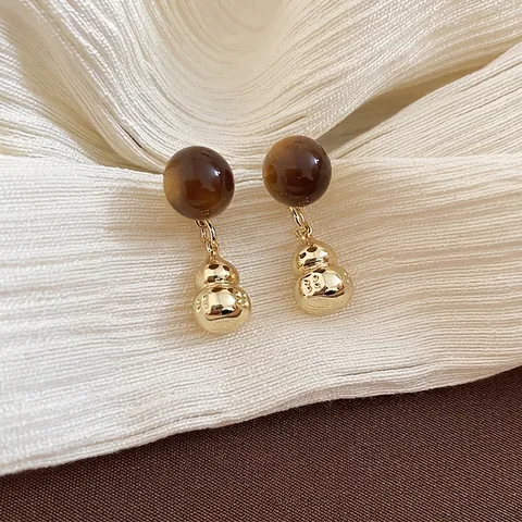 Vintage Maillard Style Tiger Eye Stone Gourd Pendant Dangle Earrings With 925 Sterling Silver Earring Post