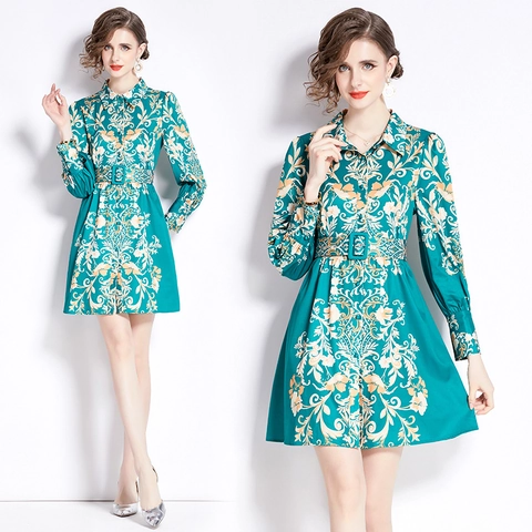 Elegante Mini Overhemdjurk Met Lange Mouwen Voor Dames Vintage Barokprint Polyester Tailleband Revers Retro Knoopsluiting