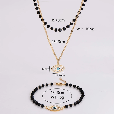 Evil Eye Sieradenset 304 Roestvrij Staal Zwarte Glazen Kralen Strass Hanger Dubbellaagse Ketting En Armband Voor Dames Mode