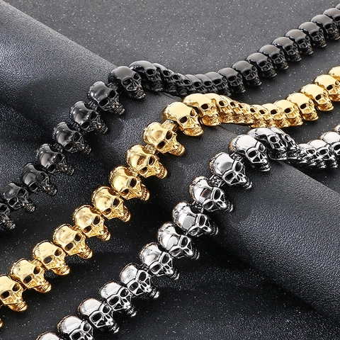 Collar Y Pulsera De Acero Inoxidable Con Calavera Gruesa Pesada Hip Hop Gótico Biker Joyería Para Hombre Halloween