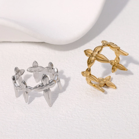 Stainless Steel Open Ring Four Leaf Clover Flower Adjustable Minimalist Gold Plated Hollow Fashion Jewelry For Women