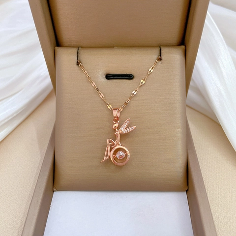 Fairy Angel Pendant Necklace Rose Gold Plated Stainless Steel Chain And Copper Micro Inlaid Zircon Dancing Stone For Women