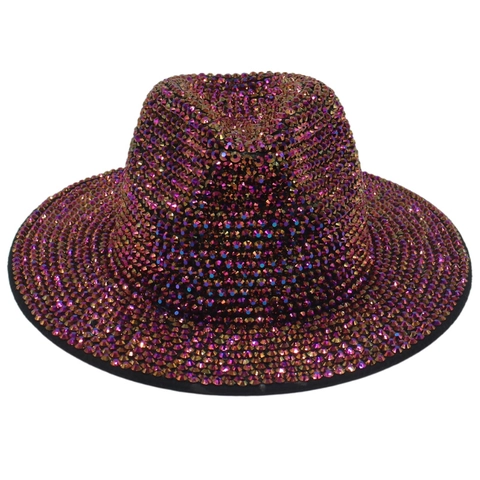 Sparkly Rhinestone Fedora Hat Luxury Crystal Jazz Cap For Party Stage Performance Trendy Wide Brim Shimmering Headwear