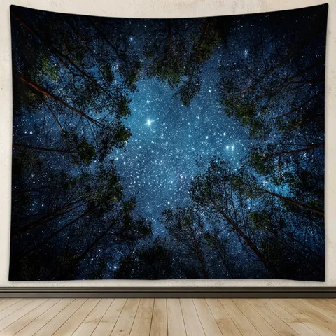 Starry Night Sky Forest Wall Tapestry Polyester Fabric Galaxy Landscape Hanging Blanket For Living Room Bedroom Decor