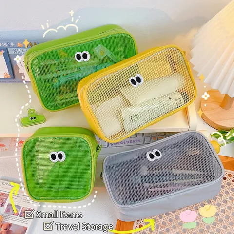 Cartoon Augen Mesh Kosmetiktasche Tragbare Reise Kulturbeutel Transparente Kosmetik Organizer Handtasche Schreibwaren Aufbewahrung