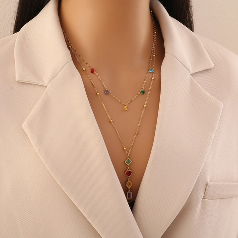 Double Layer Y Necklace Stainless Steel Colorful Glass Heart Square Charms Gold Plated Elegant Sweet Women