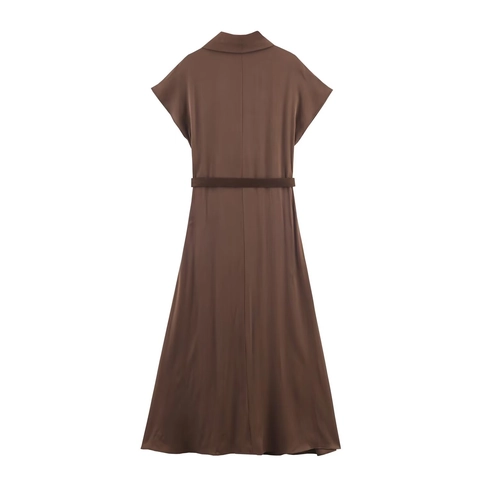 Vestido Midi De Satén Con Cuello Capucha Sin Mangas Color Sólido Elegante Vestido De Fiesta Con Cinturón