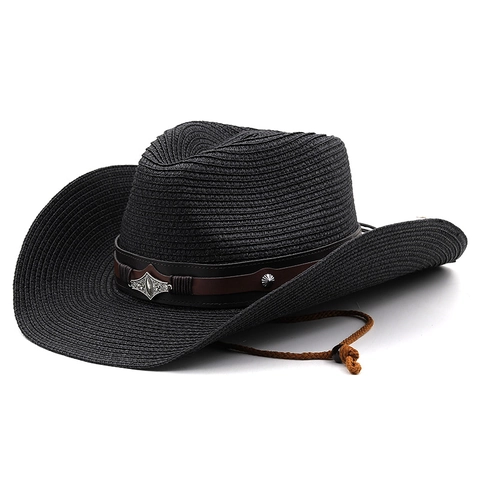 Western Straw Cowboy Hat Vintage Woven Sun Protection Beach Fedora With Leather Band And Windproof String For Women Men