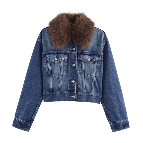 Damen Denim Jacke Mit Kunstpelzkragen Langarm Waschblau Knöpfe Kurze Jacke Retro Casual Outerwear