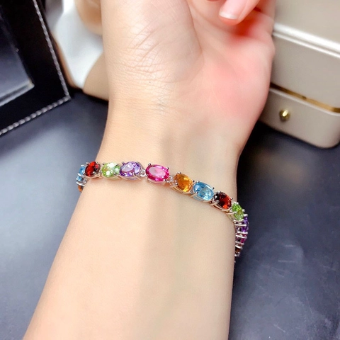 Bracciale Tennis Con Gemme Arcobaleno Multicolore Taglio Ovale Placcato Argento Gioielli Regolabili Per Donna Elegante