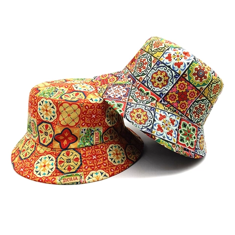 Bohemian Print Bucket Hat Polyester Sun Protection Reversible Mediterranean Tile Pattern Summer Travel Outdoor Women