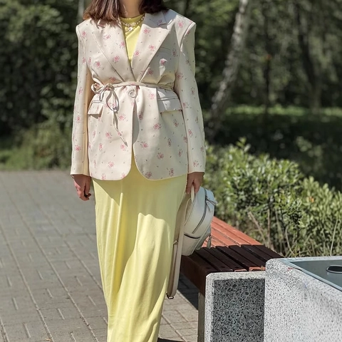 Women Floral Print Blazer Polyester Long Sleeve Tie Waist Notched Lapel Casual Elegant Outerwear