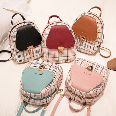 Modischer Mini Rucksack Plaid PU Leder Metallschloss Multifunktional Koreanischer Stil Stylische Frauen Täglicher Reise Accessoires
