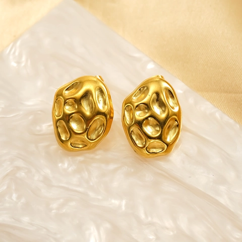 Stud Earrings 18K Gold Plated 304 Stainless Steel Irregular Geometric Hammered Texture Retro Fashion For Women