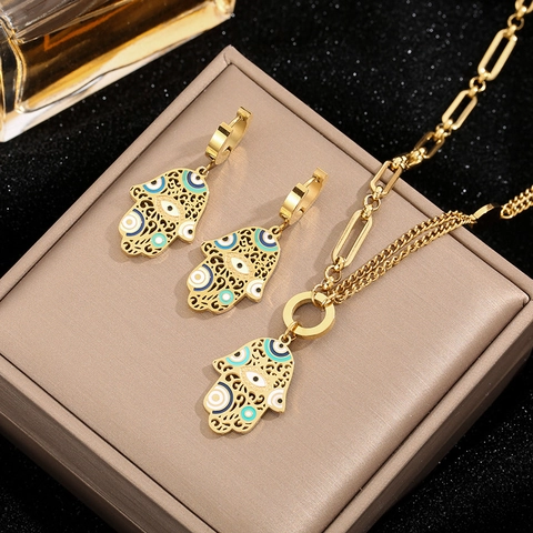 Mode Titanstahl Hamsa-Hand Böser Blick Schmuckset Emaille Bemalt Anhänger Halskette Ohrringe Armband Für Damen