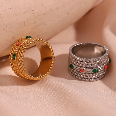 Boheemse Vintage Roestvrijstalen Ring 18K Verguld Natuursteen Gestippelde Band Ring Voor Vrouwen Mode Sieraden Accessoire