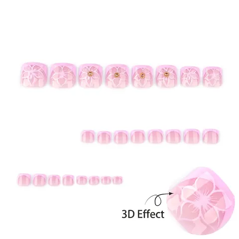 Ongles De Pied À Presser Rose Nude Brillant Avec Motif Fleur 3D Et Pointes Françaises Blanches Faux Ongles Amovibles Pour Femmes
