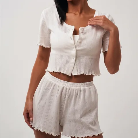 Women Pajama Top And Shorts Knit Cotton Short Sleeve Button Up Lettuce Trim Eyelet Hollow Out Loungewear Sleepwear Casual