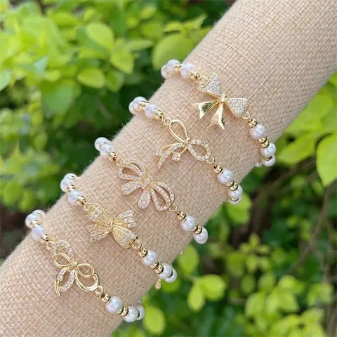 Elegant Artificial Pearl Beaded Bracelet For Women With Cubic Zirconia Bow Knot Charm Copper 18K Gold Plated Sweet Jewelry