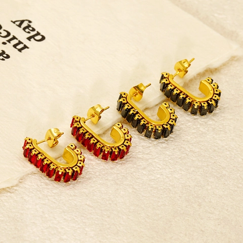 Vintage Stainless Steel C Shaped Hoop Earrings With Rectangular Cubic Zirconia Plated Gold French Light Luxury Jewelry