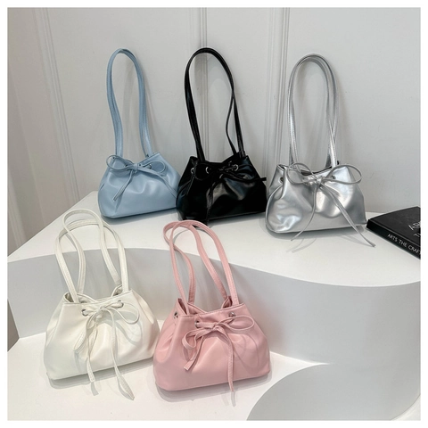 Damen Mode Schleife Kordelzug Eimer Umhängetasche PU Leder Einfarbig Plissee Kleine Tote Bag Für Den Täglichen Weg