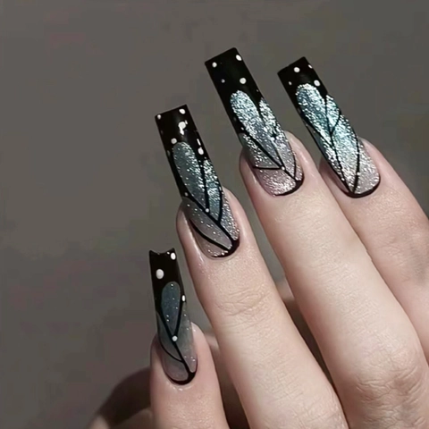 Schmetterling Flügel Aufpressnägel Lange Sarg Cat Eye Glitzer ABS Kunststoff Abnehmbare Falsche Nägel Luxus Maniküre Damen