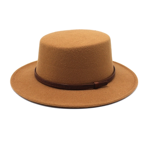 Boater Hat Wool Felt Flat Top Wide Flat Brim Retro Style With Patterned Decorative Band For Women Autumn Winter