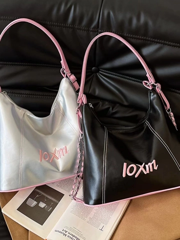 Large Capacity Tote Bag Metallic PU Leather Pink Contrast Stitching Chic Shoulder Bag For Women School Commuting