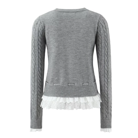 Cardigan In Maglia Grigio Donna Manica Lunga Girocollo Con Bottoni Patchwork Pizzo Dolce Elegante Fiocco Vita