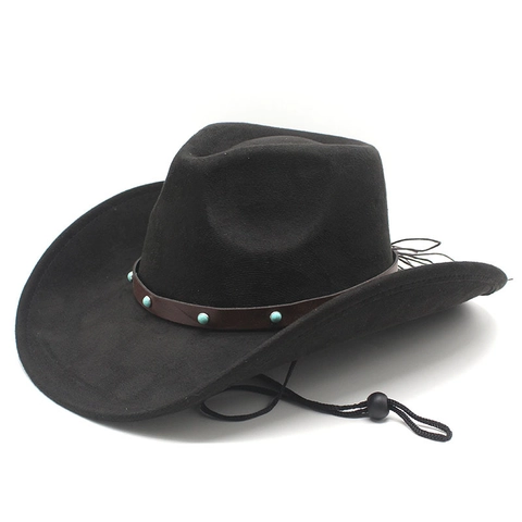 Western Cowboy Hat Retro Faux Suede Wide Brim Fedora With Turquoise Studded Leather Band And Adjustable Wind Rope Unisex