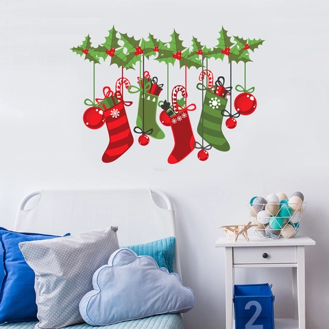 Kerst Muurstickers PVC Sok Ornamenten Hulst Bladeren Decals Home Woonkamer Slaapkamer Feestelijke Vakantie Decoratie