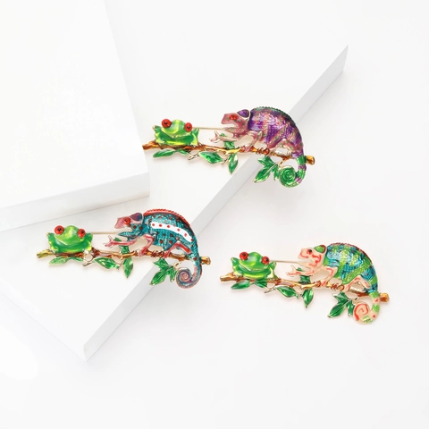 Enamel Chameleon And Frog Brooch Animal Alloy Pin Fashion Jewelry Accessory For Women