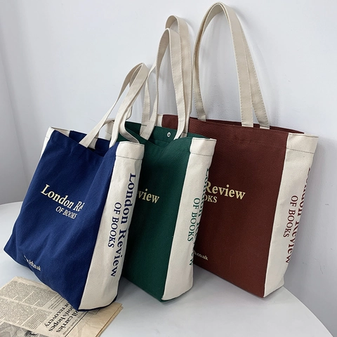 Canvas Tote Bag Large Capacity Letter Print Color Block Shoulder Handbag For School Daily Commute Aesthetic