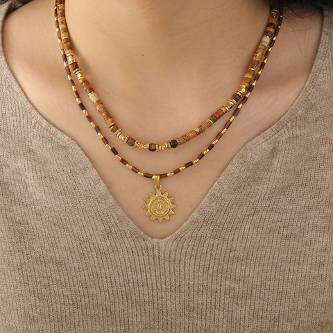 Sun Pendant Beaded Necklace Tiger Eye Stone Stainless Steel Handmade Bohemian Vintage Jewelry For Women