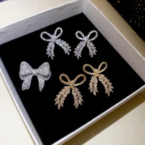 Gioielli Con Fiocco Per Donna Rame Zircone Spilla Orecchini Con Perno In Argento Sterling 925 Elegante Lucido Lusso