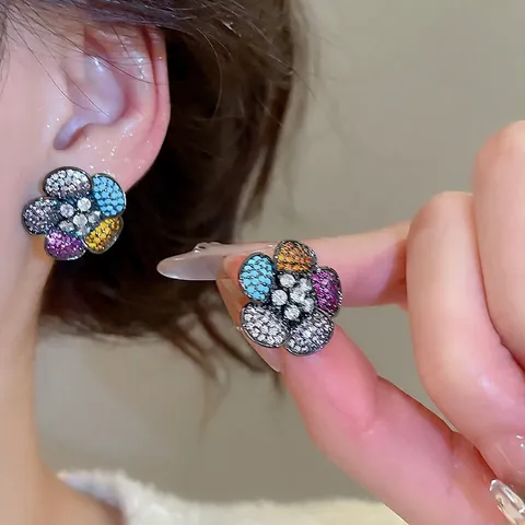 Colorful Zircon Flower Stud Earrings With 925 Sterling Silver Earring Post Korean Fashion Sparkly Micro Paved Elegant