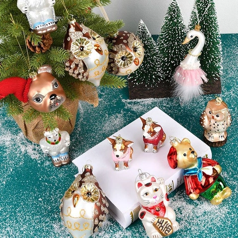 Addobbi Natalizi Appesi Vetro Animali Dipinti Cane Gufo Cigno Gatto Portafortuna Orso Glitter Decorazioni Festive