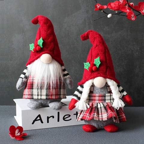 Christmas Gnome Faceless Doll Plush Decoration Red Plaid Knitted Hat White Beard Braids Holiday Party Home Ornament